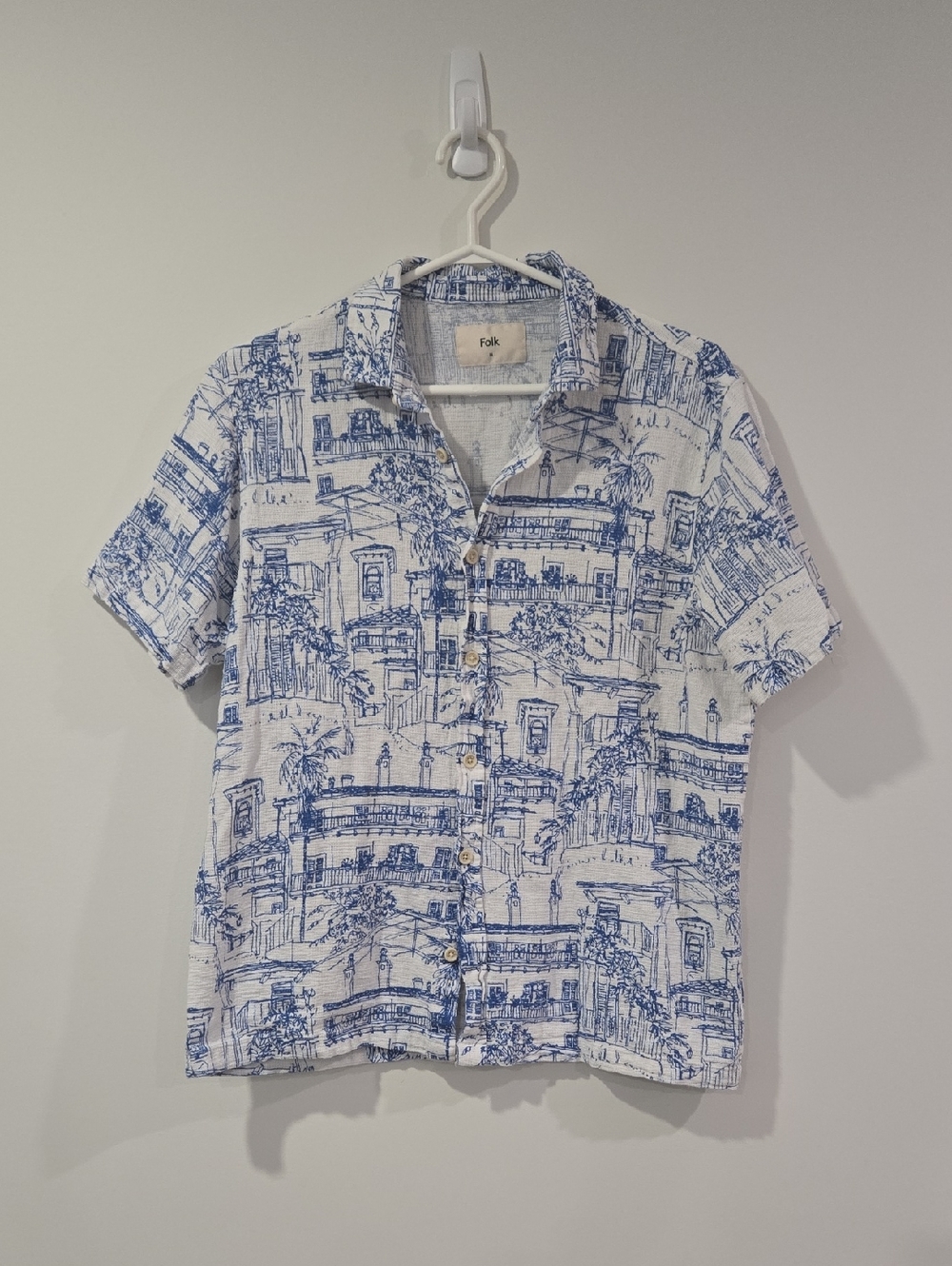 Folk White and Blue Short-Sleeve Printed Button-Down Shirt